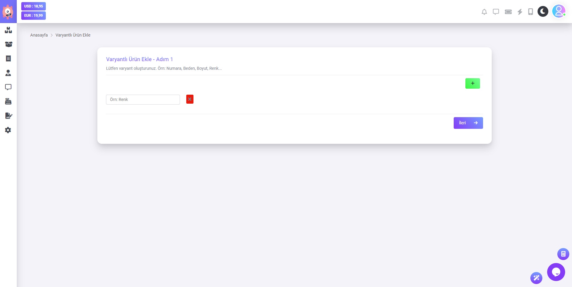 Varyantlı Ürün Ekle - Adım 1