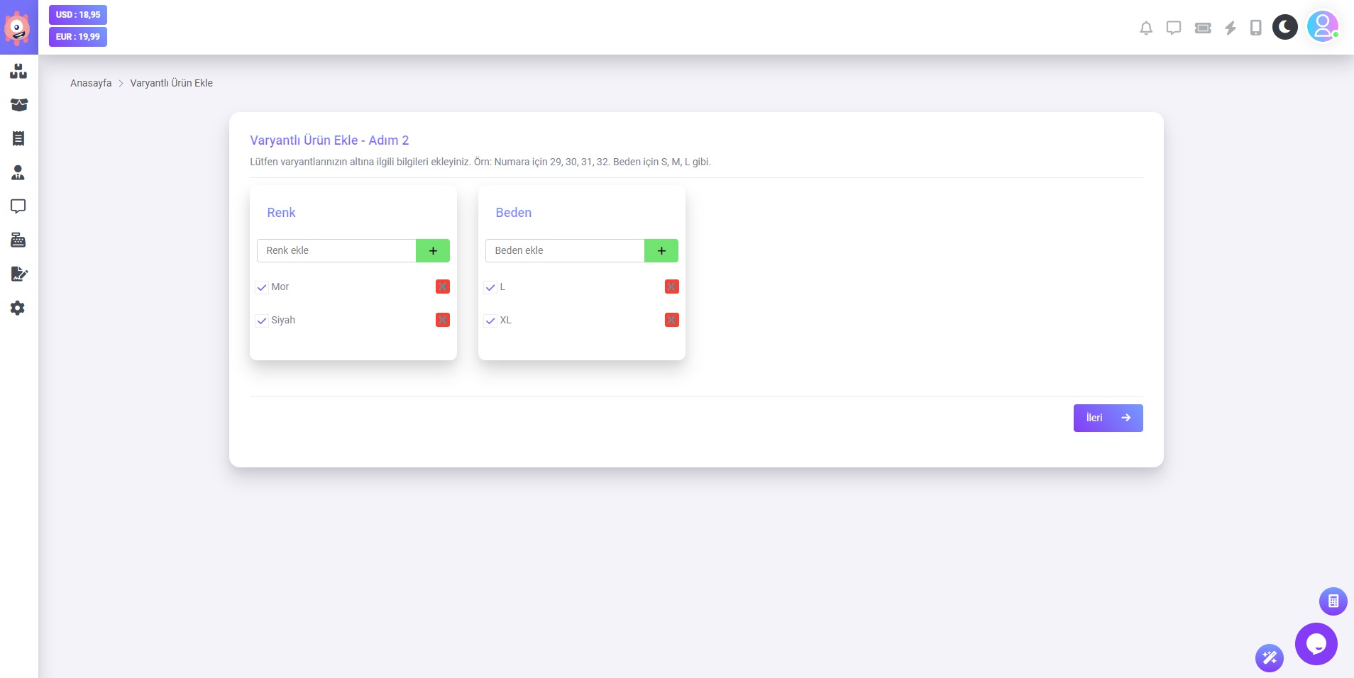 Varyantlı Ürün Ekle - Adım 2
