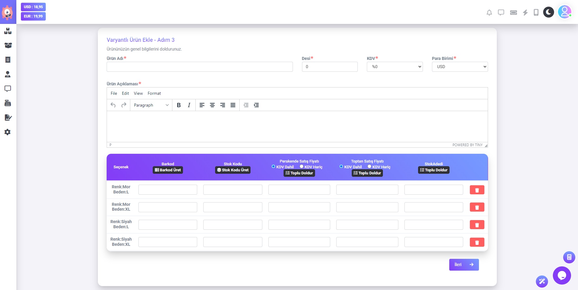 Varyantlı Ürün Ekle - Adım 3